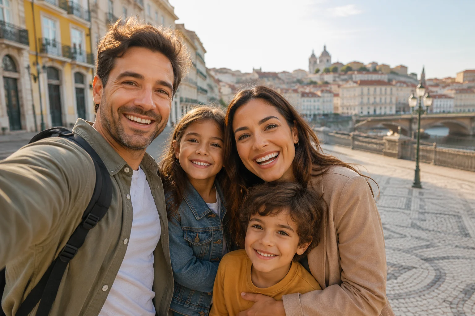 Família brasileira feliz em Lisboa, Portugal, representando quem conquistou a documentação e a vida na Europa