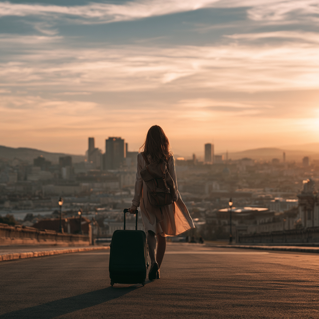 Mulher com mala caminhando por avenida europeia ao pôr do sol