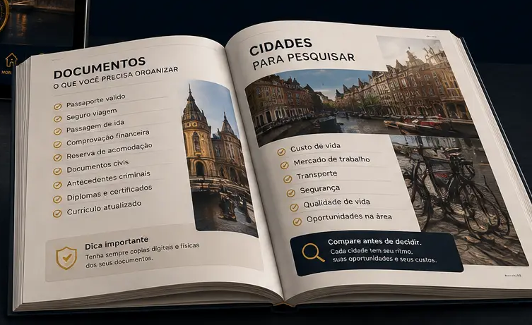 Guia Imigração Europa aberto em celular e tablet