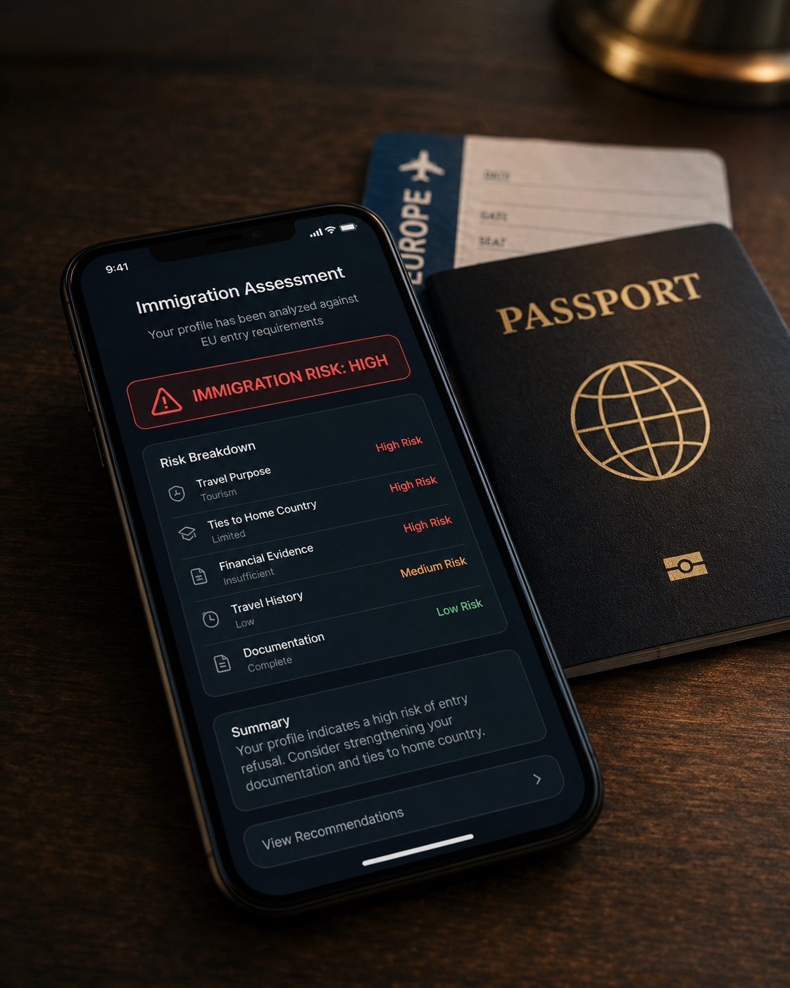 Celular exibindo uma avaliação de imigração ao lado de um passaporte e cartão de embarque