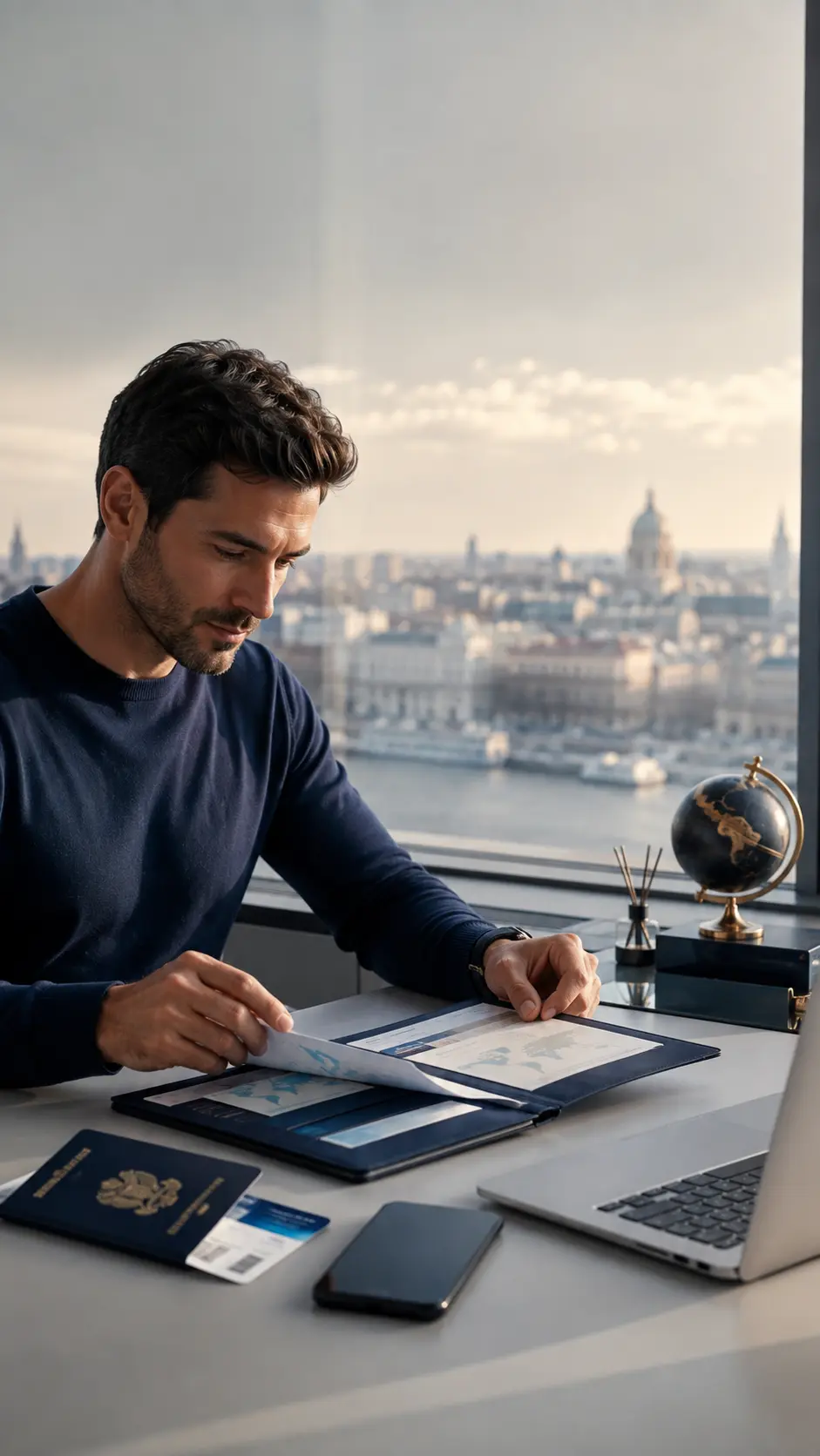 Homem organizando documentos e mapas para a mudança