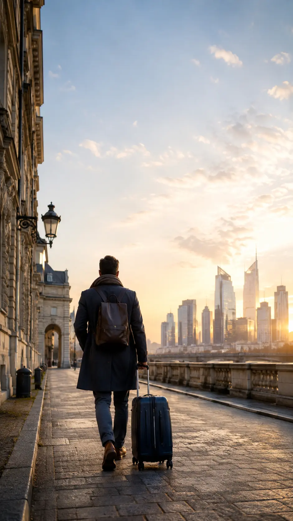 Homem com mala caminhando por uma avenida europeia com arquitetura histórica e moderna