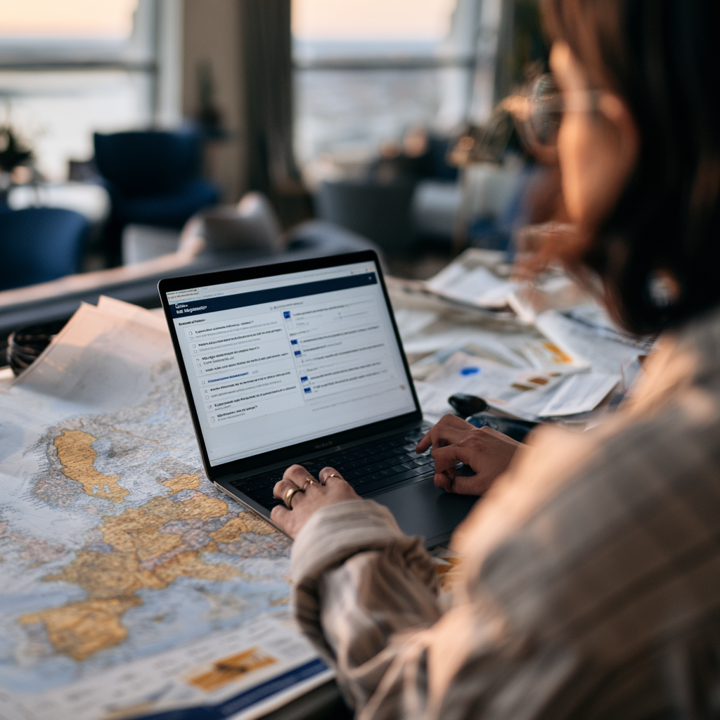 Mulher planejando a mudança para a Europa com laptop e mapa sobre a mesa
